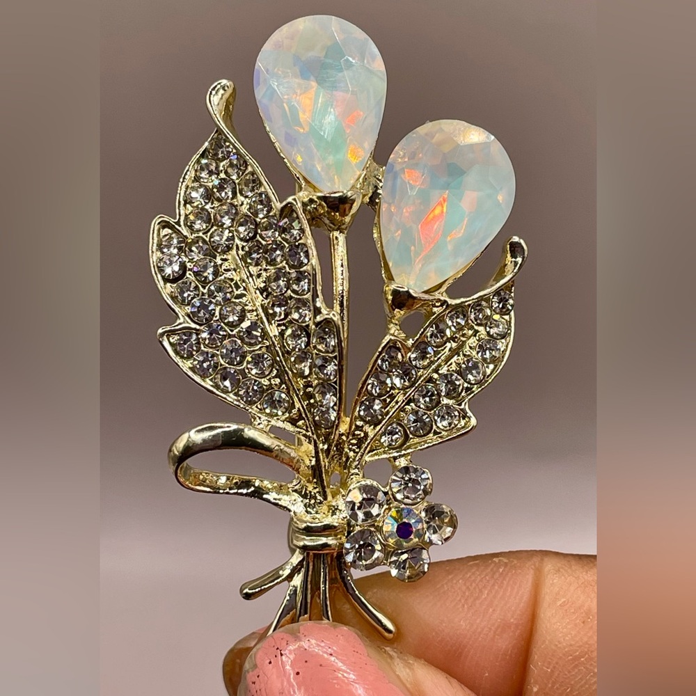 2 Opalite stone tear drop floral Gold Tone and Rhinestone Floral Brooch Pin